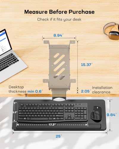 HUANUO Keyboard Tray Under Desk, 360 Adjustable Ergonomic Sliding Keyboard & Mouse Tray, Under Desk Keyboard Tray Slide Out, Keyboard Holder Under Desk for Typing in Home, Office Work, 25"W x 9.84"D