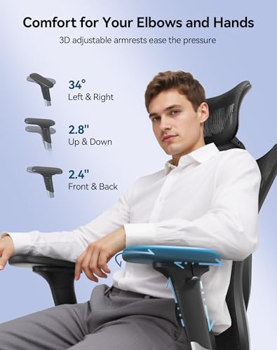 SIHOO Ergonomic Mesh Office Chair, Computer Desk Chair with 3-Way Armrests, 2-Way Lumbar Support and Adjustable Headrest, High Back Home Office Chair with Tilt Function, Mesh Back and Seat