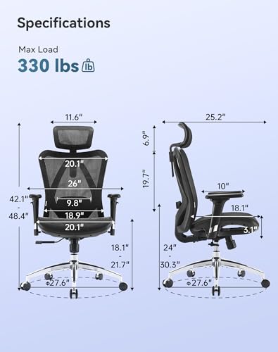 SIHOO Ergonomic Mesh Office Chair, Computer Desk Chair with 3-Way Armrests, 2-Way Lumbar Support and Adjustable Headrest, High Back Home Office Chair with Tilt Function, Mesh Back and Seat