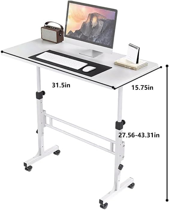 Wintline Adjustable Height Rolling Standing Desk with Lockable Wheels,Compact Laptop Desk for Home Office, Dorm, or Bedroom - 15.75" x31.5” - White