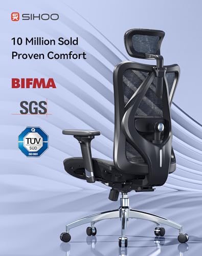 SIHOO Ergonomic Mesh Office Chair, Computer Desk Chair with 3-Way Armrests, 2-Way Lumbar Support and Adjustable Headrest, High Back Home Office Chair with Tilt Function, Mesh Back and Seat