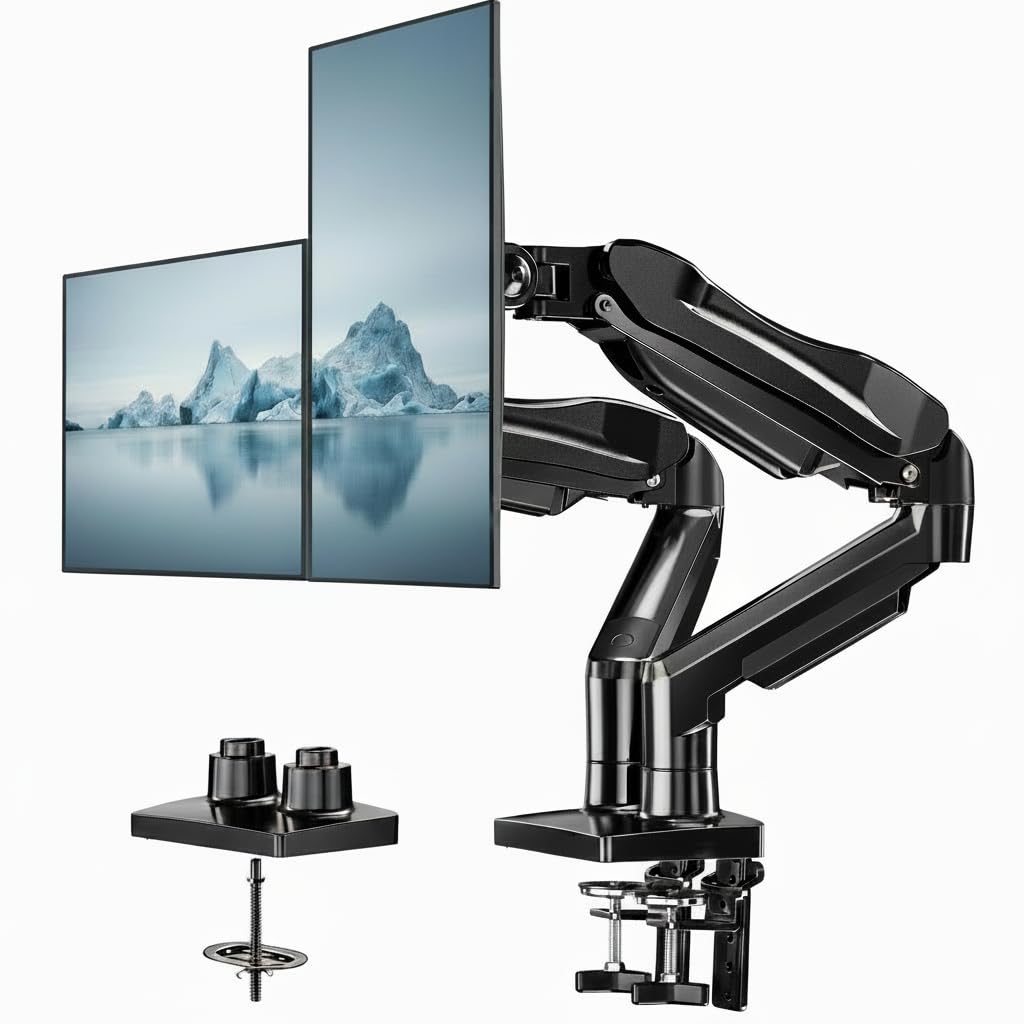 HUANUO Dual Monitor Stand - Full Adjustable Monitor Desk Mount Swivel Vesa Bracket with C Clamp, Grommet Mounting Base for 13 to 32 Inch Computer Screens - Each Arm Holds 4.4 to 19.8lbs