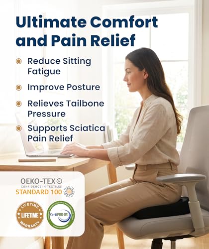 Everlasting Comfort Doctor Recommended Memory Foam Seat Cushion for Office Chairs & Car - Ergonomic Office Desk Accessories - Cushions for Tailbone Pain Relief, Sciatica (Onyx, Large)