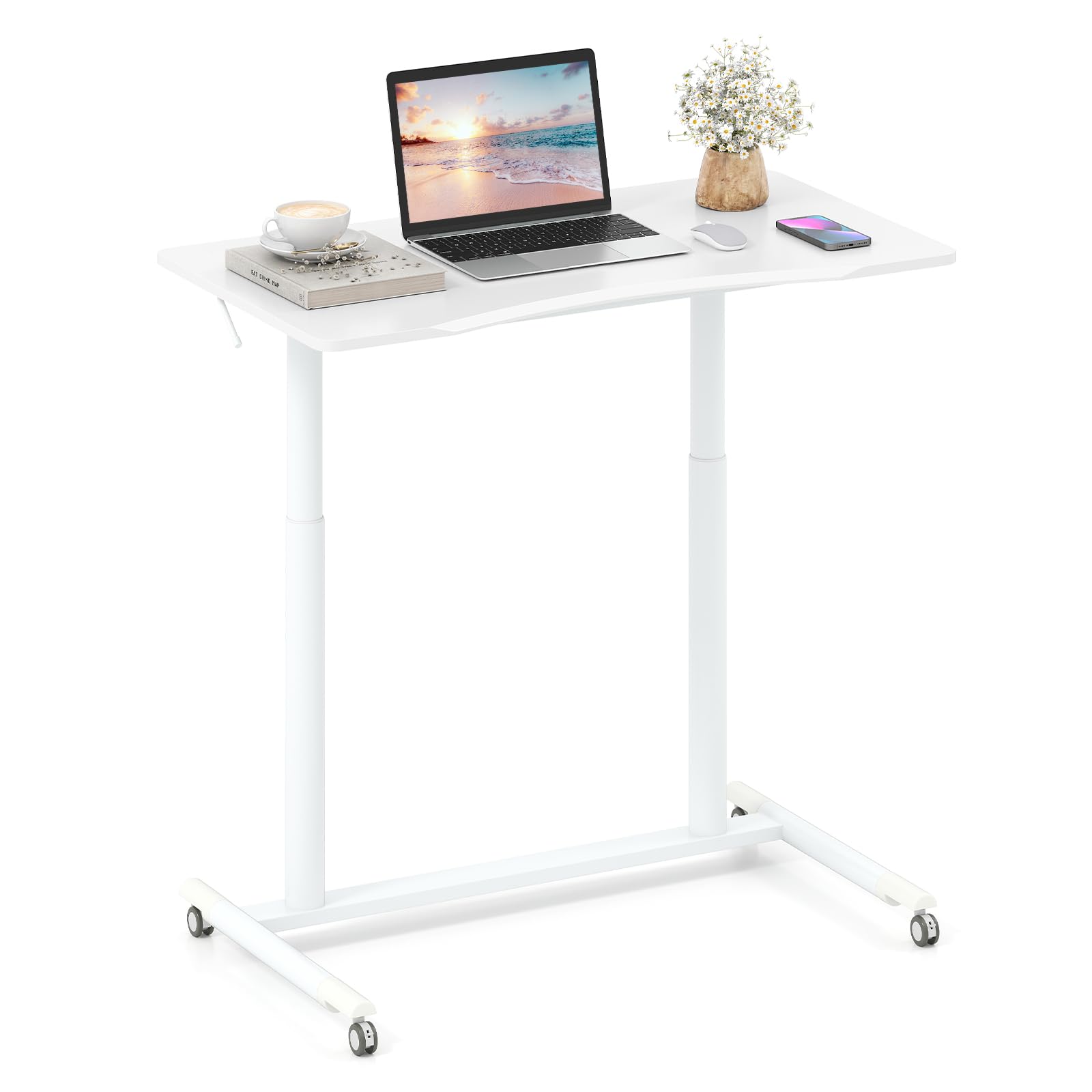 Tangkula Computer Desk Home Office Dorm Rolling Wooden Top Height Adjustable Sit-to-Stand Desk Portable Writing Study Table Notebook Laptop Desk