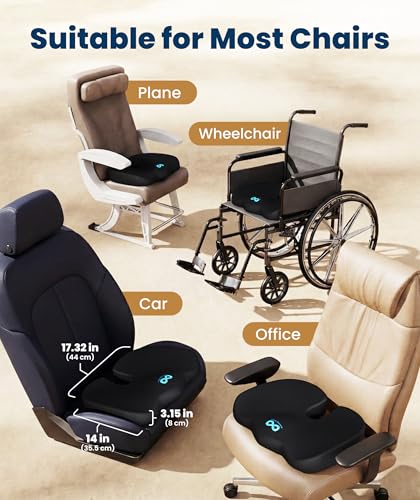 Everlasting Comfort Doctor Recommended Memory Foam Seat Cushion for Office Chairs & Car - Ergonomic Office Desk Accessories - Cushions for Tailbone Pain Relief, Sciatica (Onyx, Large)