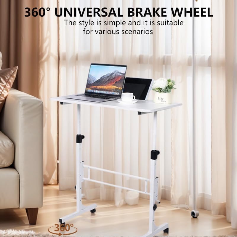 Wintline Adjustable Height Rolling Standing Desk with Lockable Wheels,Compact Laptop Desk for Home Office, Dorm, or Bedroom - 15.75" x31.5” - White