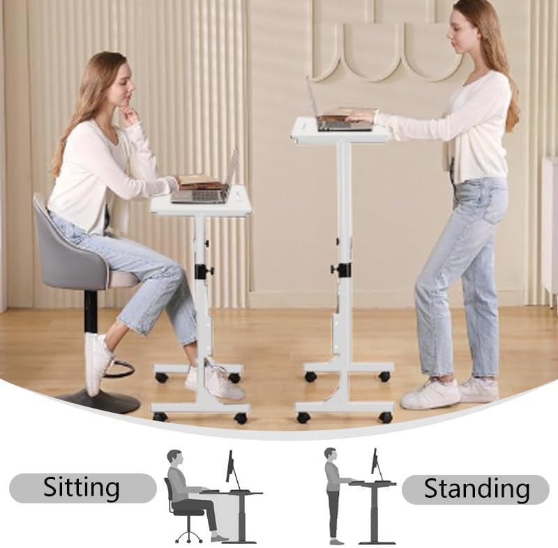 Wintline Adjustable Height Rolling Standing Desk with Lockable Wheels,Compact Laptop Desk for Home Office, Dorm, or Bedroom - 15.75" x31.5” - White
