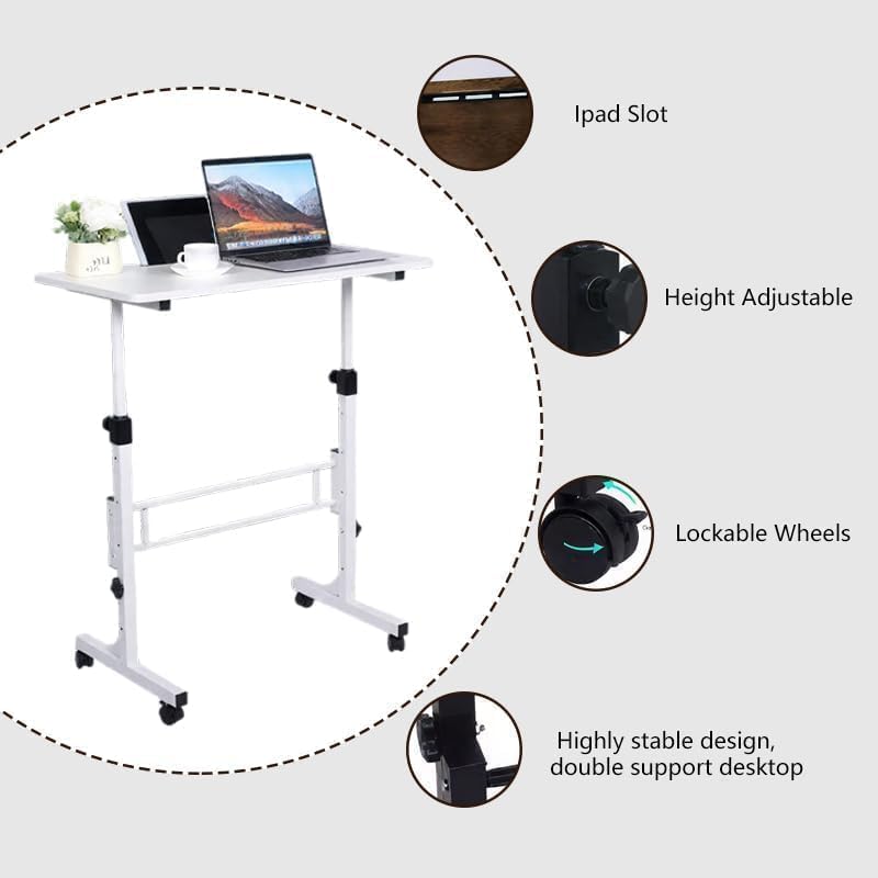 Wintline Adjustable Height Rolling Standing Desk with Lockable Wheels,Compact Laptop Desk for Home Office, Dorm, or Bedroom - 15.75" x31.5” - White