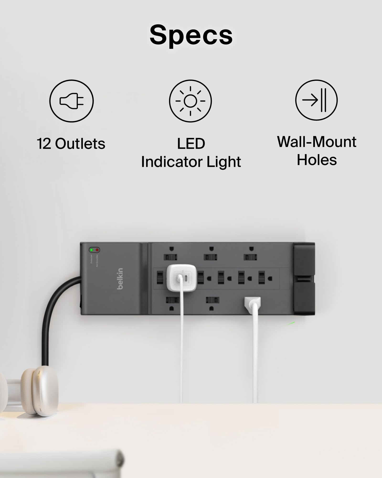 Belkin Surge Protector Power Strip w/ 12 AC Outlets & 8ft Long Flat Plug, UL-Listed Heavy-Duty Extension Cord for Home, Office, Travel, Computer, Laptop, Phone Charger - 3,940 Joules of Protection