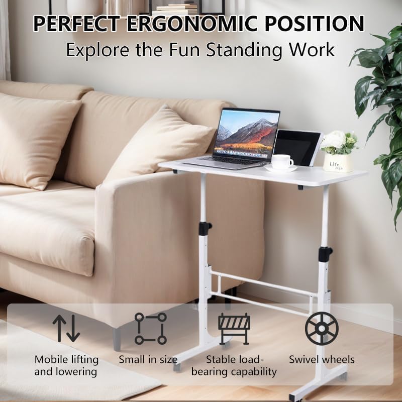 Wintline Adjustable Height Rolling Standing Desk with Lockable Wheels,Compact Laptop Desk for Home Office, Dorm, or Bedroom - 15.75" x31.5” - White