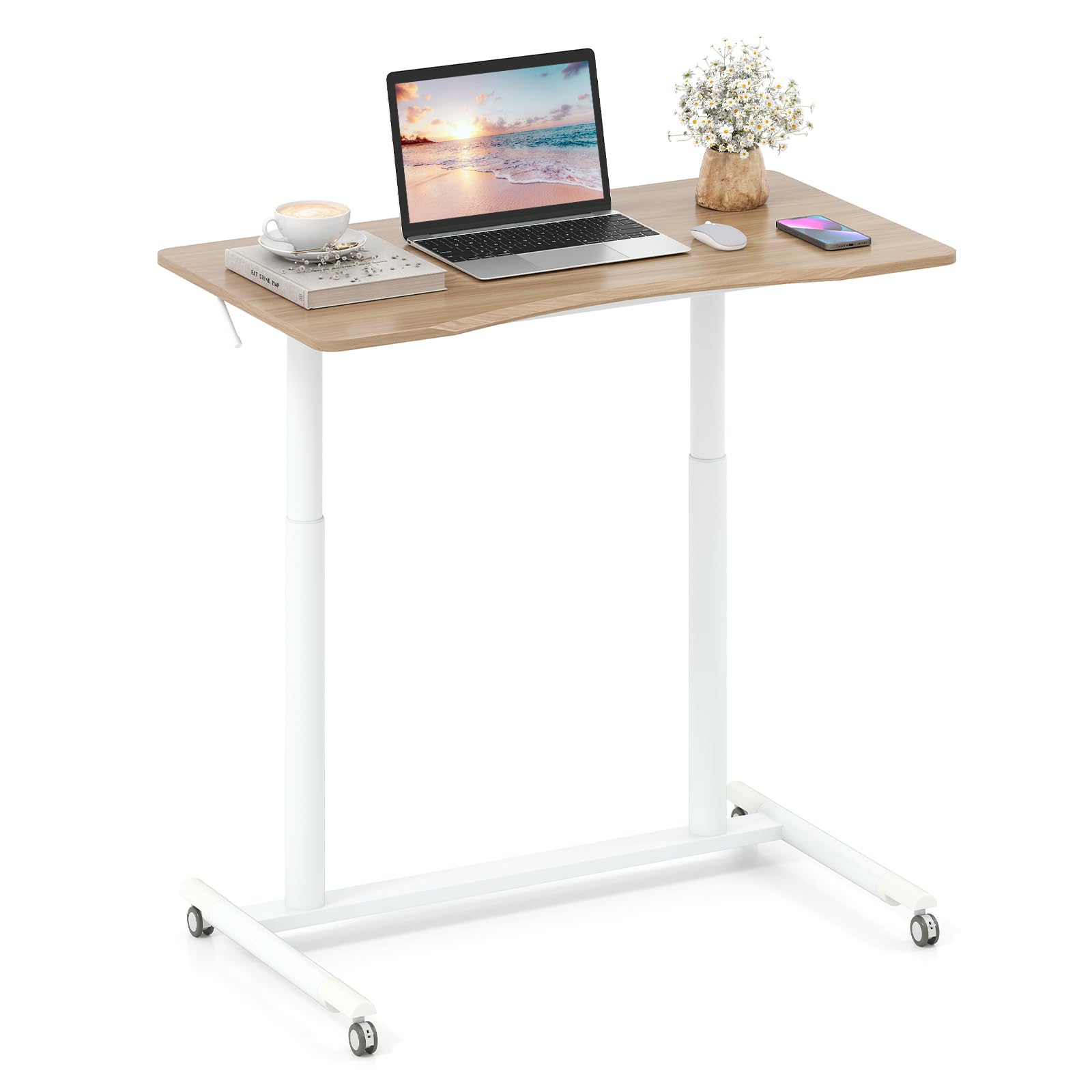 Tangkula Computer Desk Home Office Dorm Rolling Wooden Top Height Adjustable Sit-to-Stand Desk Portable Writing Study Table Notebook Laptop Desk