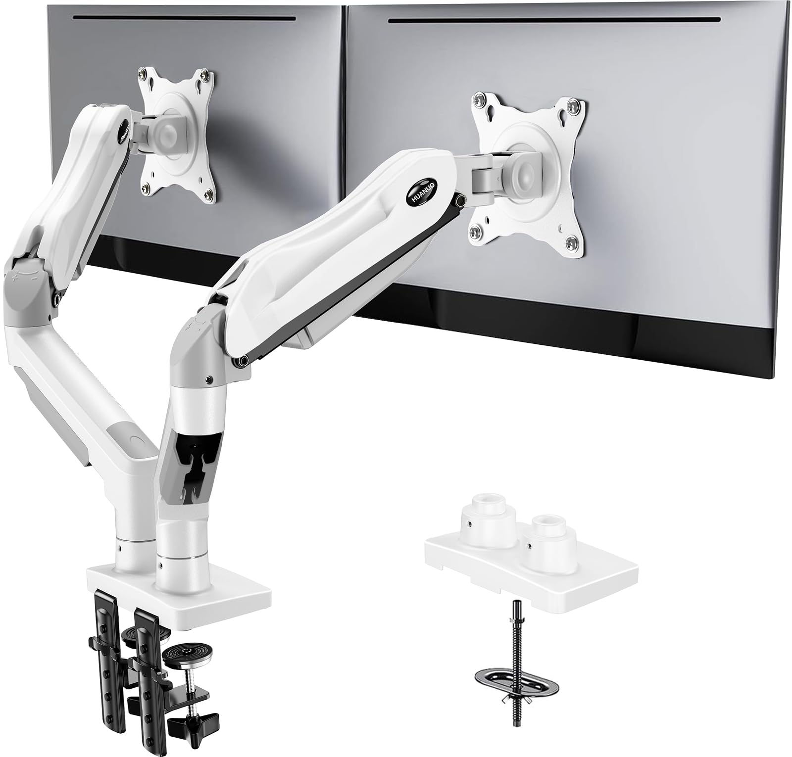 HUANUO Dual Monitor Stand - Full Adjustable Monitor Desk Mount Swivel Vesa Bracket with C Clamp, Grommet Mounting Base for 13 to 32 Inch Computer Screens - Each Arm Holds 4.4 to 19.8lbs