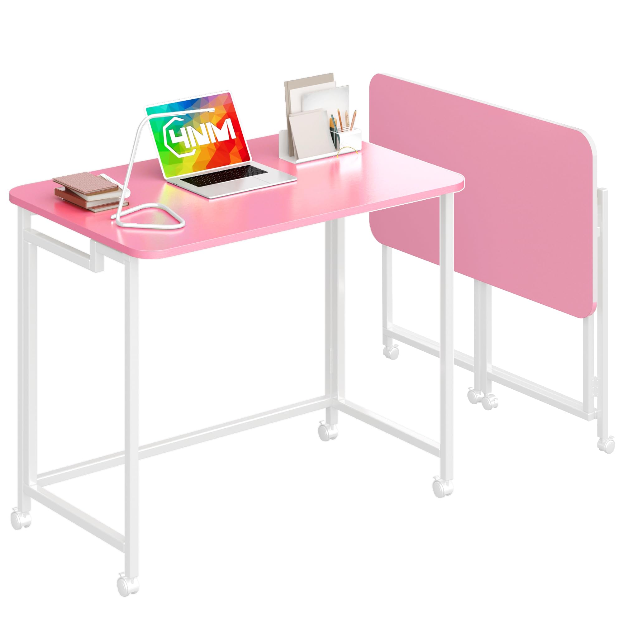 4NM Mobile Small Rolling Computer Desk, Folding Laptop Cart Table with Wheels, Portable Office Desk for Small Space Couch Bed