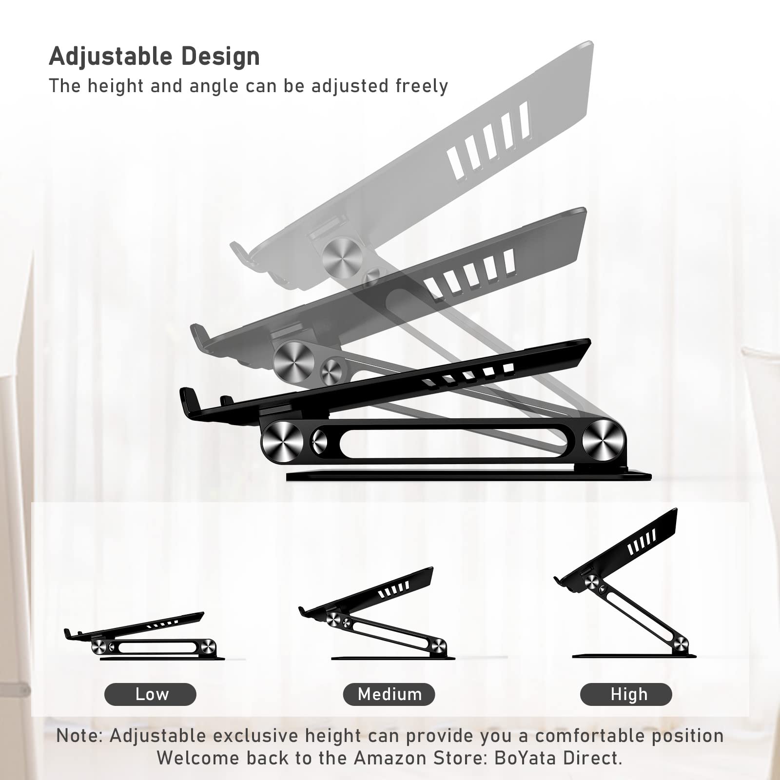 BoYata Laptop Stand, Adjustable Laptop Riser with Slide-Proof Silicone and Protective Hooks, Aluminum Notebook Stand for Laptop up to 15 Inches, Laptop Holder Compatible for MacBook