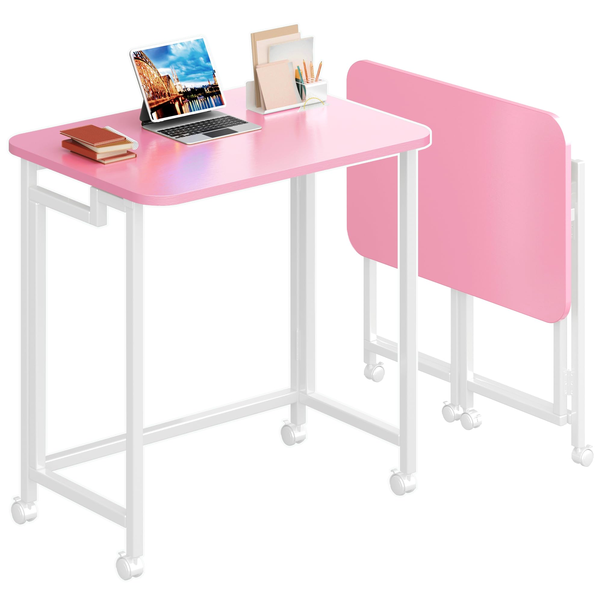 4NM Mobile Small Rolling Computer Desk, Folding Laptop Cart Table with Wheels, Portable Office Desk for Small Space Couch Bed
