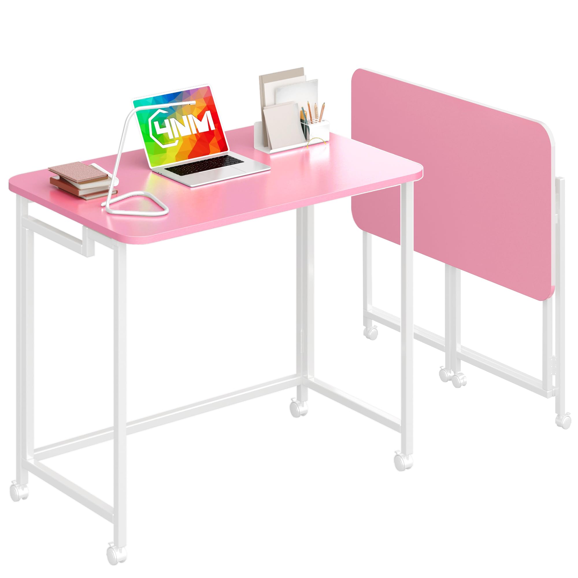 4NM Mobile Small Rolling Computer Desk, Folding Laptop Cart Table with Wheels, Portable Office Desk for Small Space Couch Bed