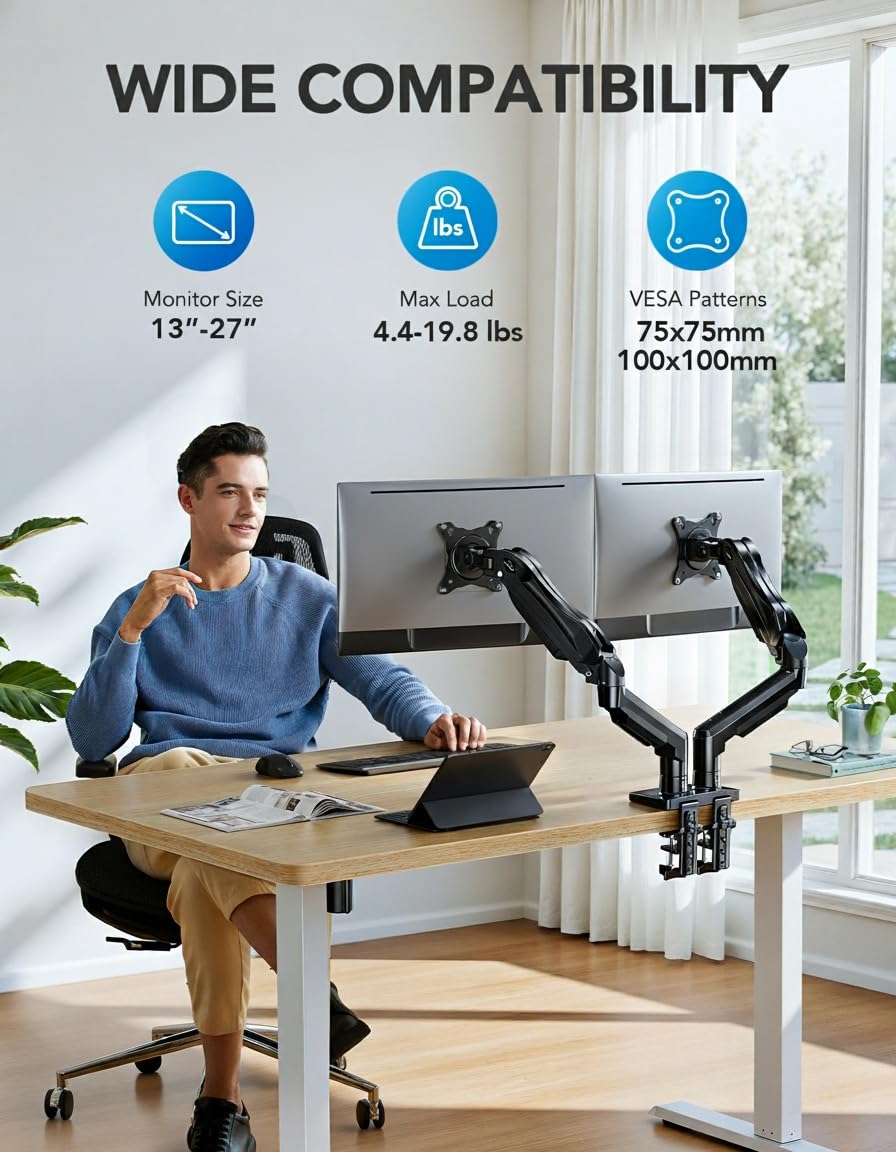 HUANUO Dual Monitor Stand - Full Adjustable Monitor Desk Mount Swivel Vesa Bracket with C Clamp, Grommet Mounting Base for 13 to 32 Inch Computer Screens - Each Arm Holds 4.4 to 19.8lbs