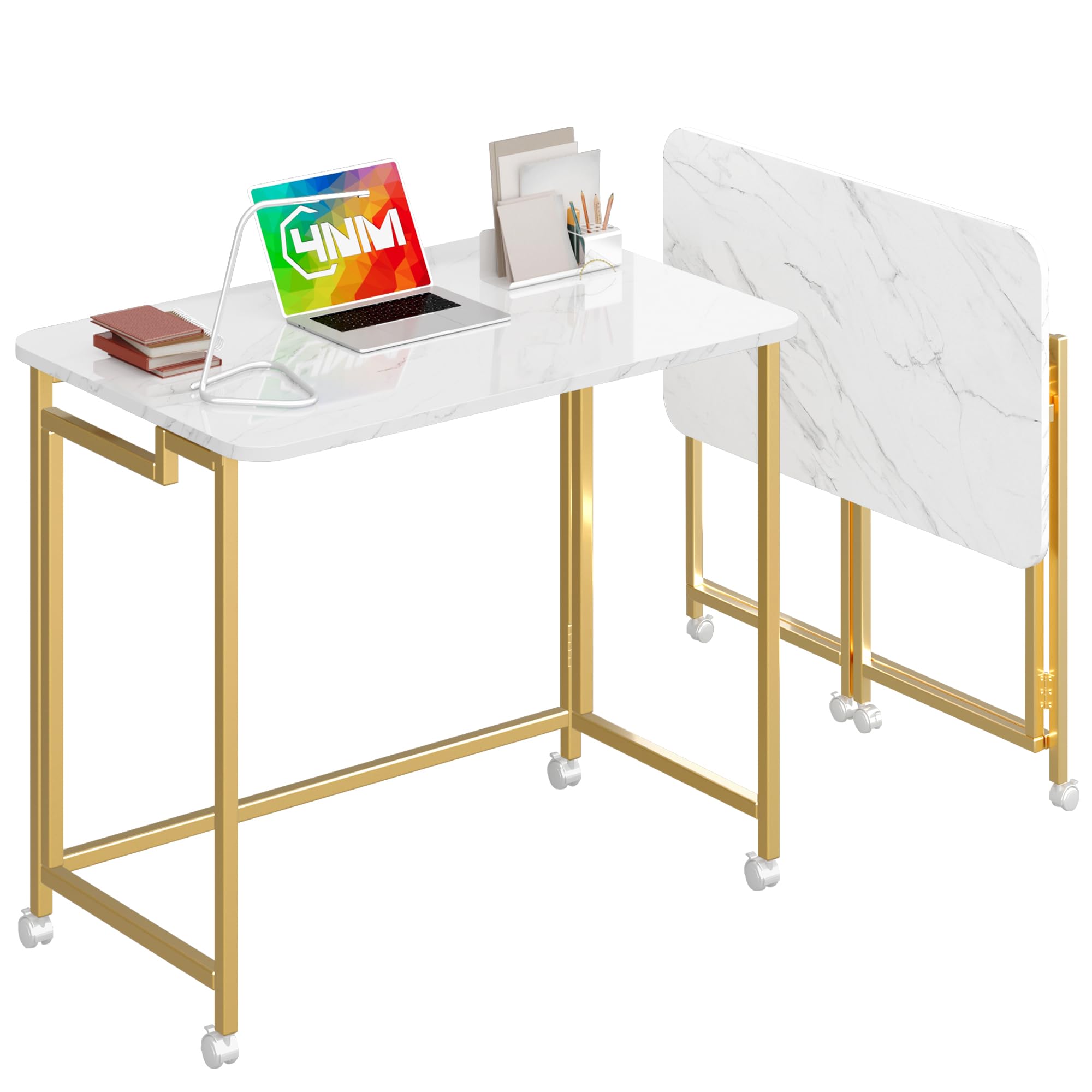 4NM Mobile Small Rolling Computer Desk, Folding Laptop Cart Table with Wheels, Portable Office Desk for Small Space Couch Bed