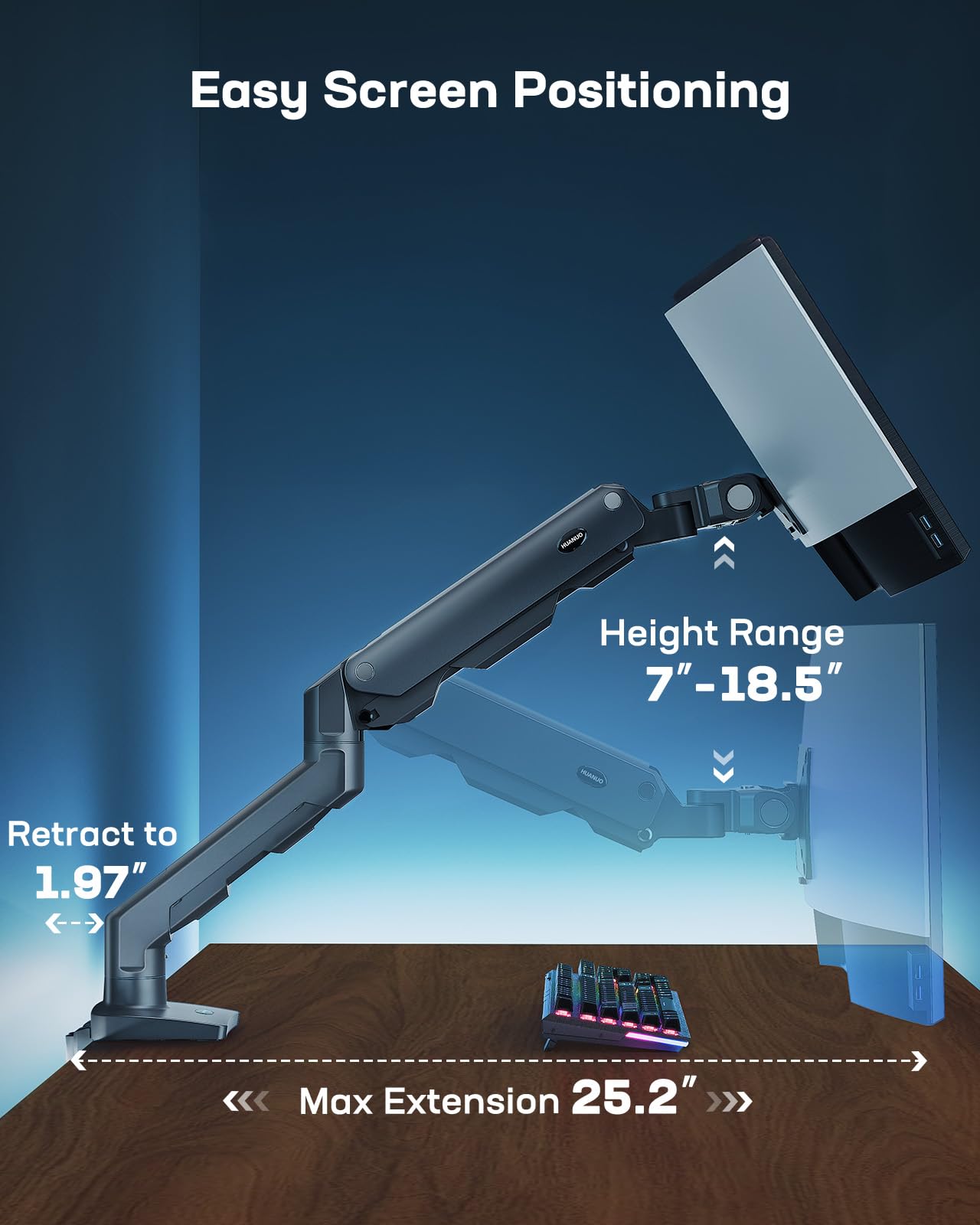 HUANUO Heavy Duty Monitor Arm up to 49 inch Screens up to 35 lbs, Aluminum Ultrawide Screen Monitor Mount, VESA 75mm or 100mm