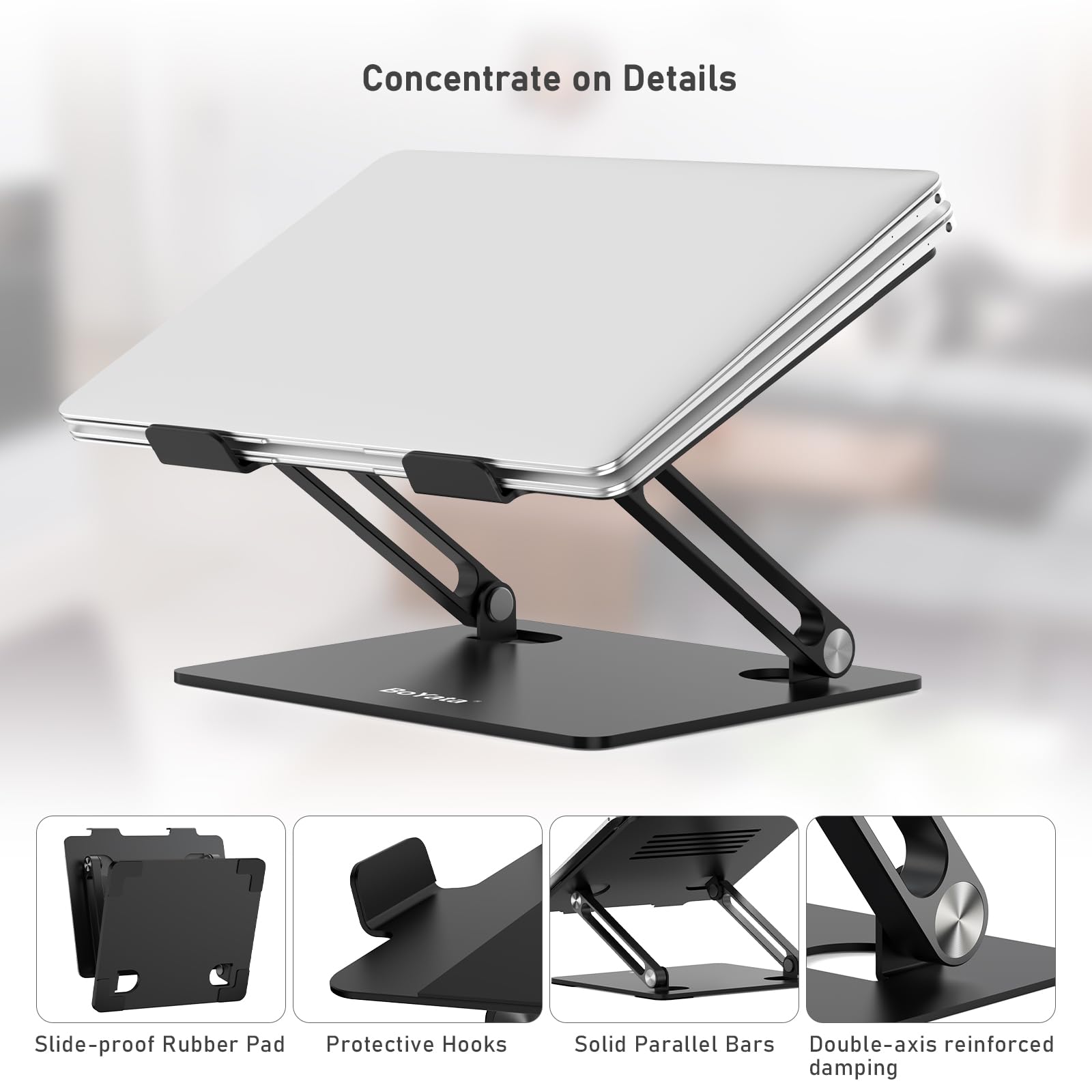 BoYata Laptop Stand, Adjustable Laptop Riser with Slide-Proof Silicone and Protective Hooks, Aluminum Notebook Stand for Laptop up to 15 Inches, Laptop Holder Compatible for MacBook