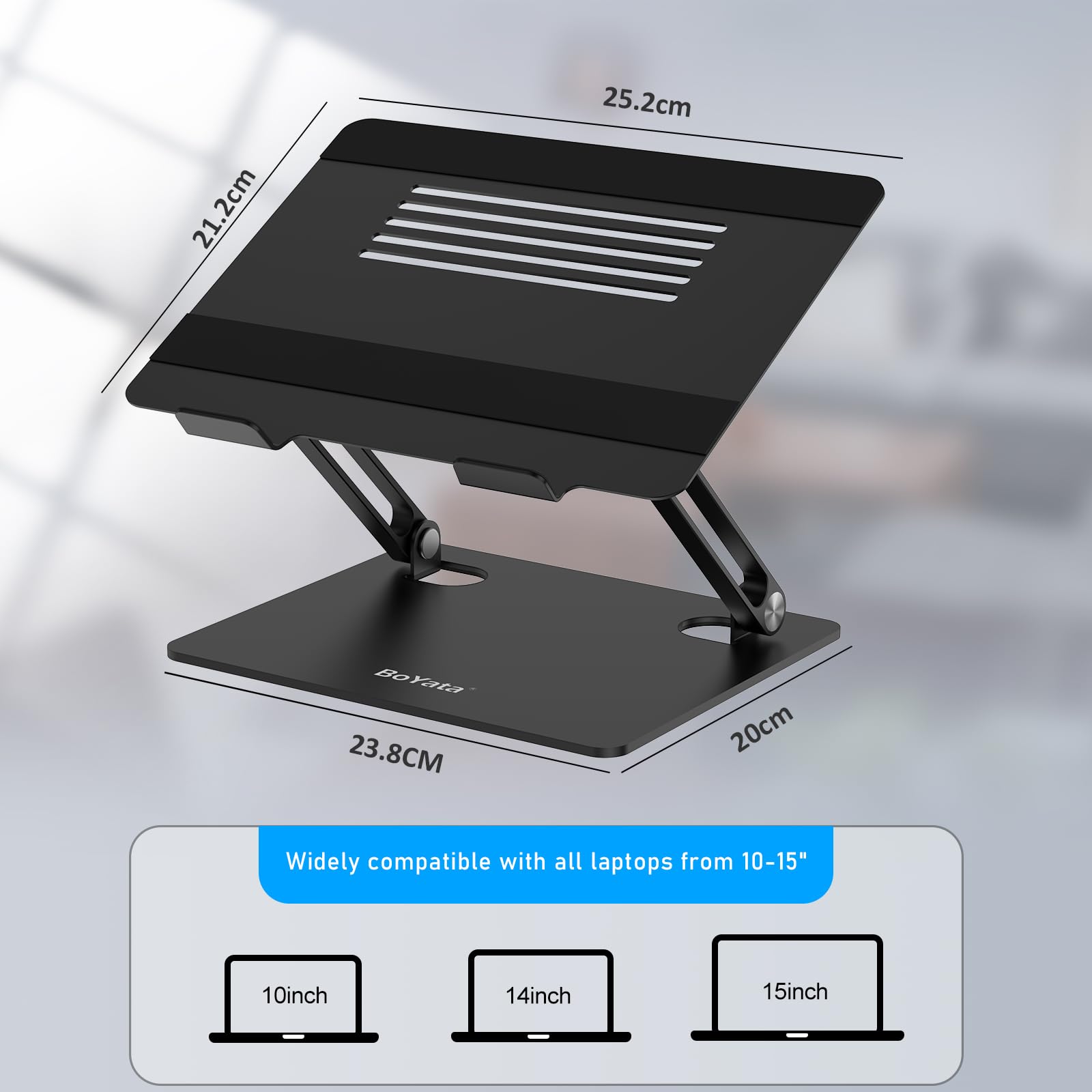 BoYata Laptop Stand, Adjustable Laptop Riser with Slide-Proof Silicone and Protective Hooks, Aluminum Notebook Stand for Laptop up to 15 Inches, Laptop Holder Compatible for MacBook