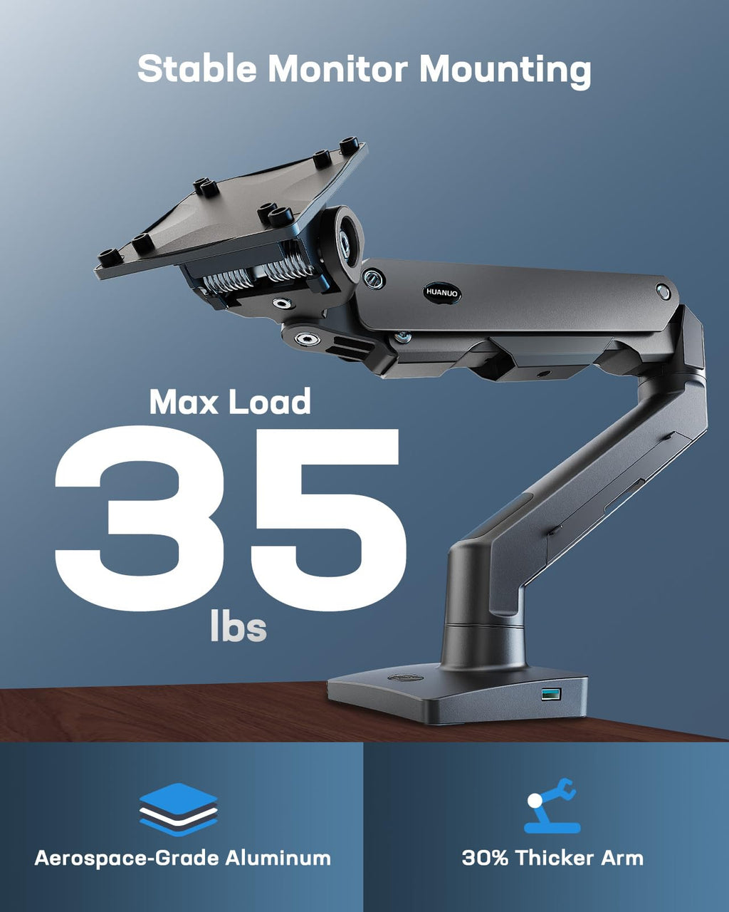 HUANUO Heavy Duty Monitor Arm up to 49 inch Screens up to 35 lbs, Aluminum Ultrawide Screen Monitor Mount, VESA 75mm or 100mm