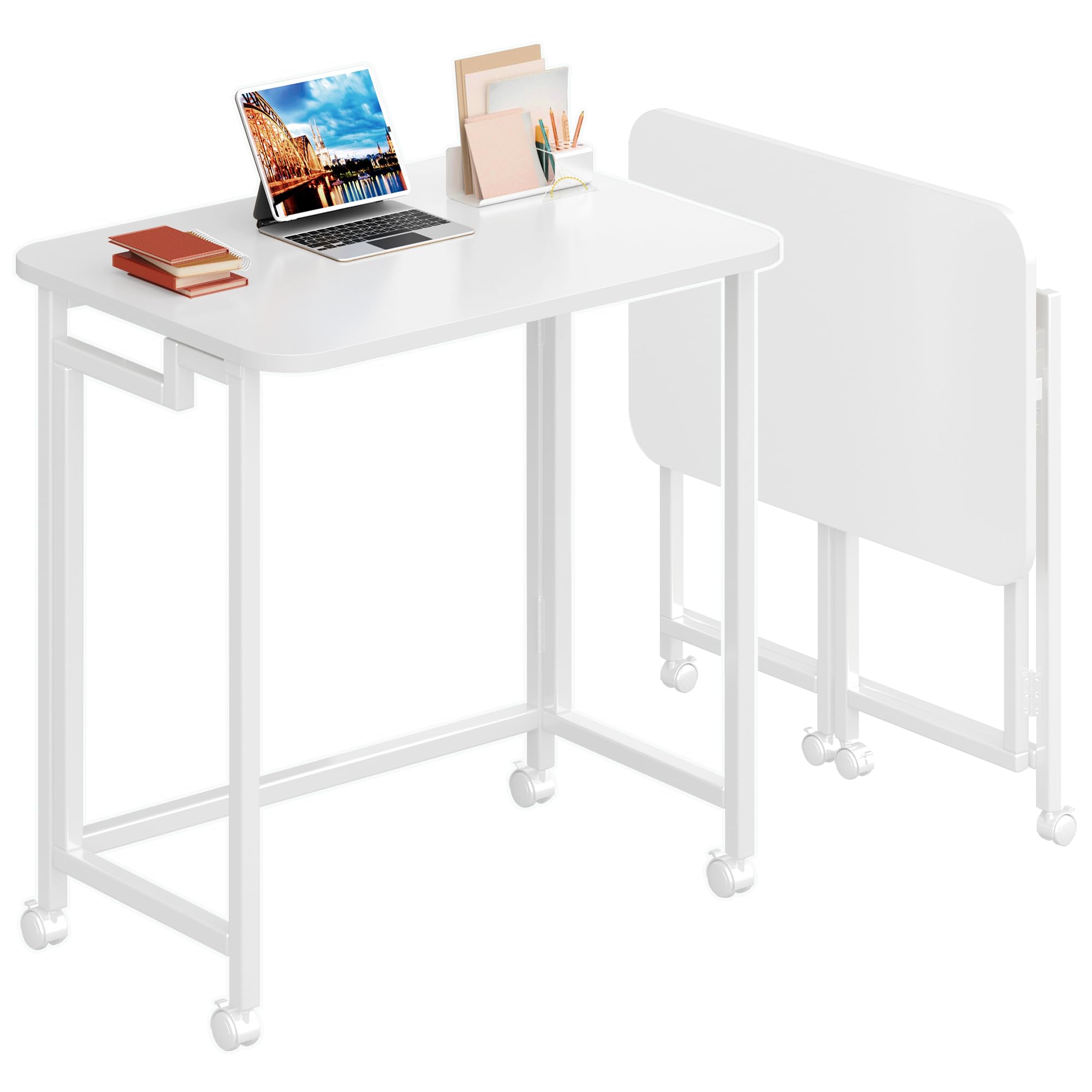4NM Mobile Small Rolling Computer Desk, Folding Laptop Cart Table with Wheels, Portable Office Desk for Small Space Couch Bed