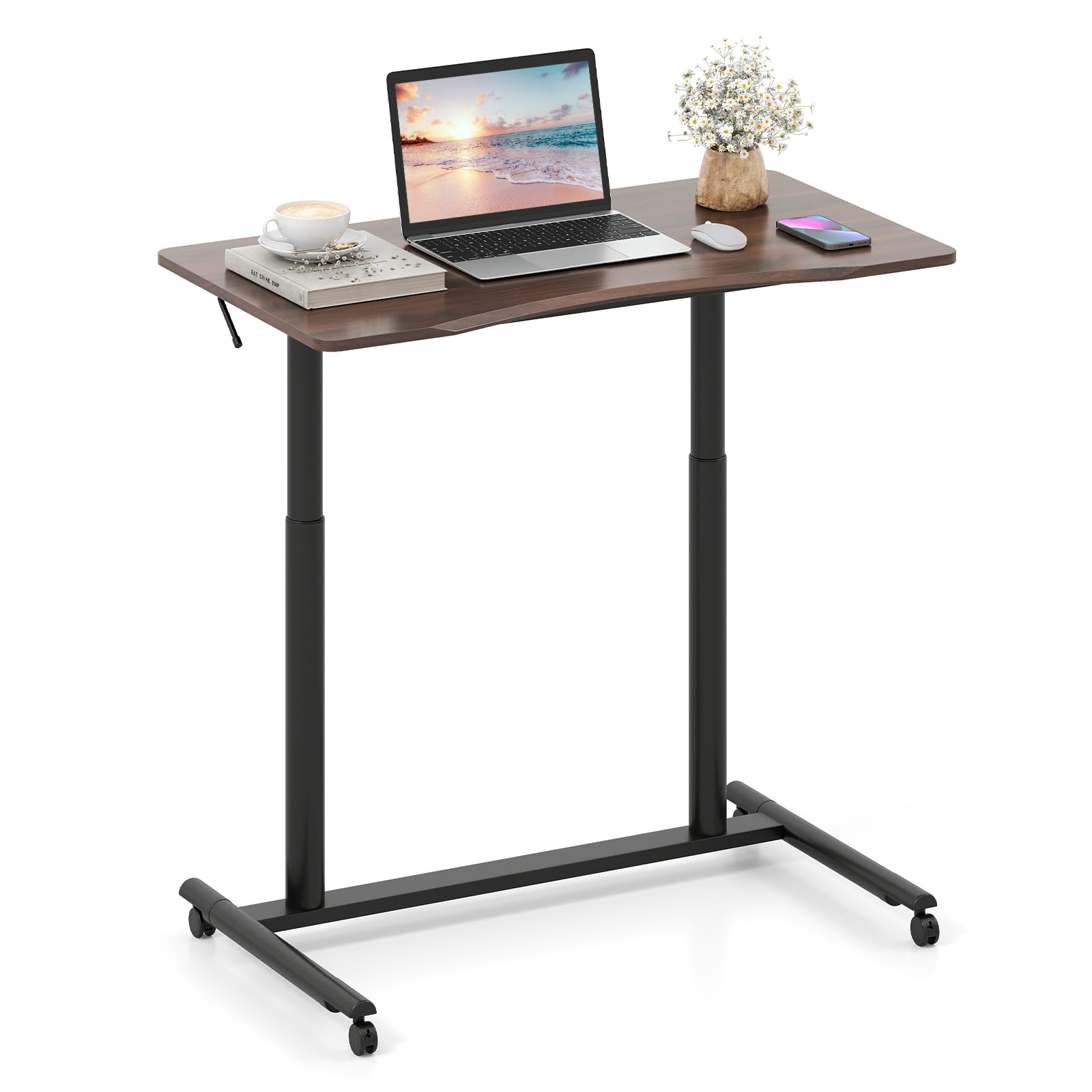 Tangkula Computer Desk Home Office Dorm Rolling Wooden Top Height Adjustable Sit-to-Stand Desk Portable Writing Study Table Notebook Laptop Desk