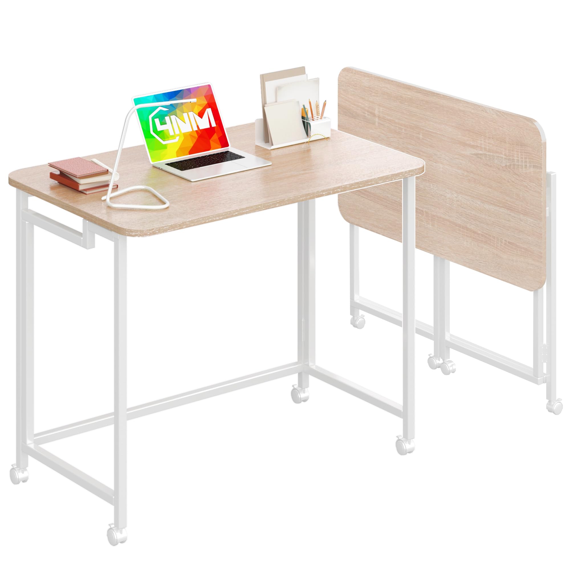 4NM Mobile Small Rolling Computer Desk, Folding Laptop Cart Table with Wheels, Portable Office Desk for Small Space Couch Bed