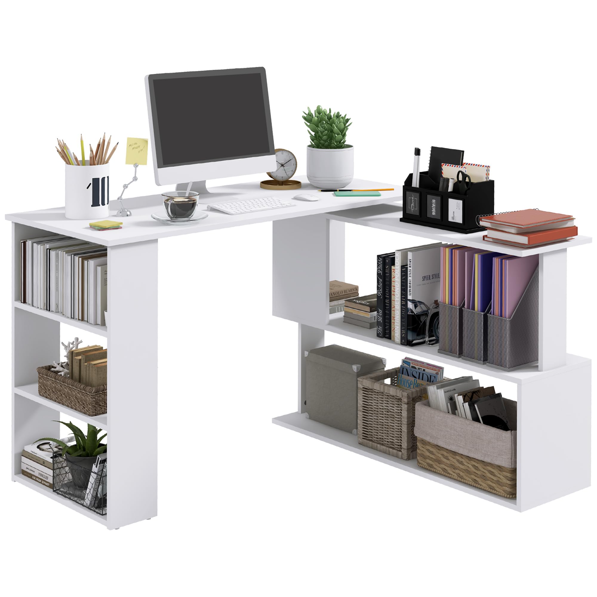 HOMCOM 47 Inch L Shaped Desk, Corner Computer Desk, 360 Degree Rotating Home Office Desk with Storage Shelves, Writing Table Workstation