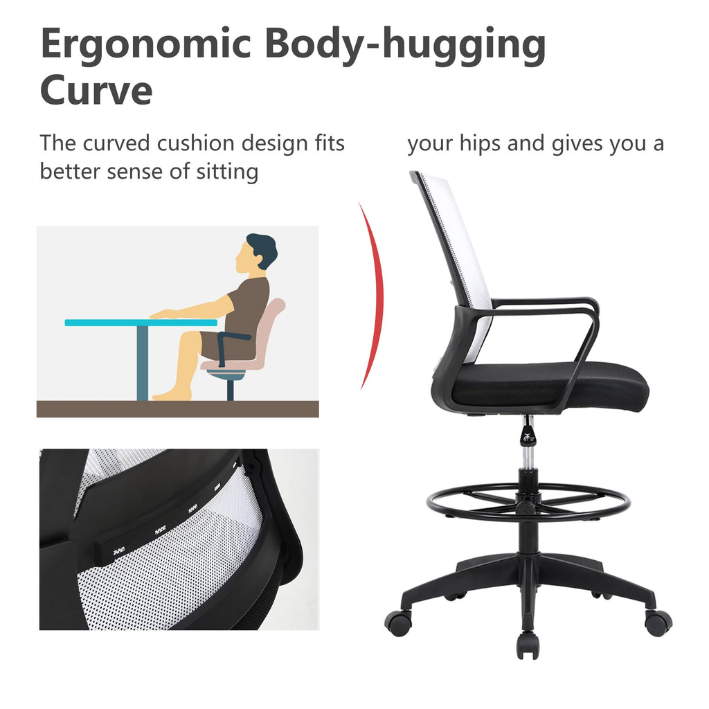 BestOffice Drafting Chair Tall Office Chair Adjustable Swivel Rolling Mesh Height with Lumbar Support Arms Footrest Mid Back for Adults Standing Desk Drafting Stool