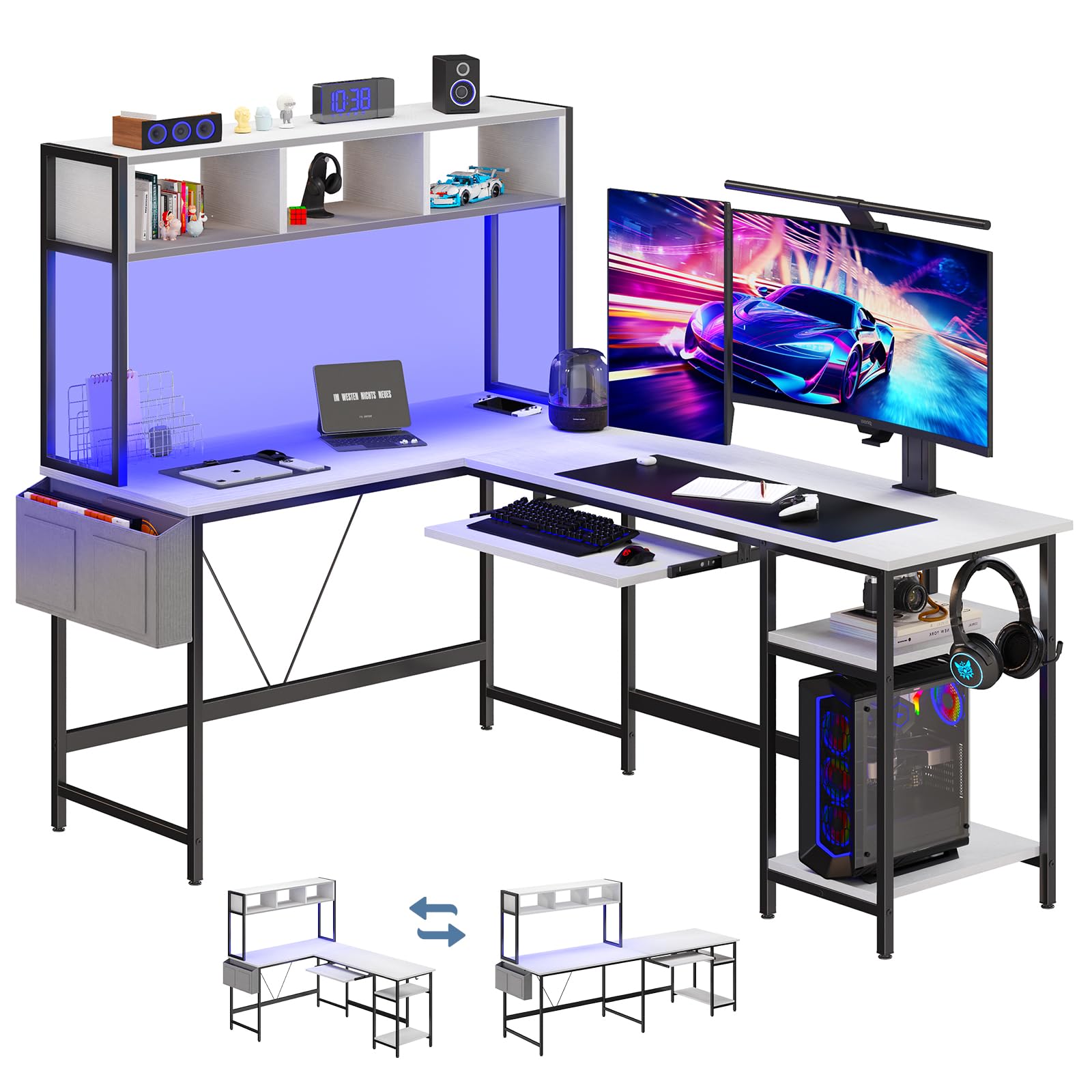 DUMOS L Shaped Desk, Computer Gaming Desks Corner Office Table with CPU Shelf for Home Study Writing Work Station 50 Inch