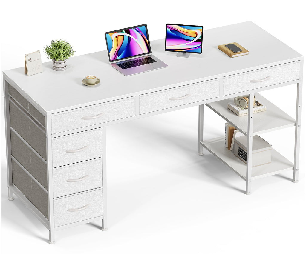 Huuger Computer Desk with 6 Drawers, Office Desk with Shelves, Reversible Gaming Desk, Corner Desk with Storage, Work for Home Office, Study, Living Room