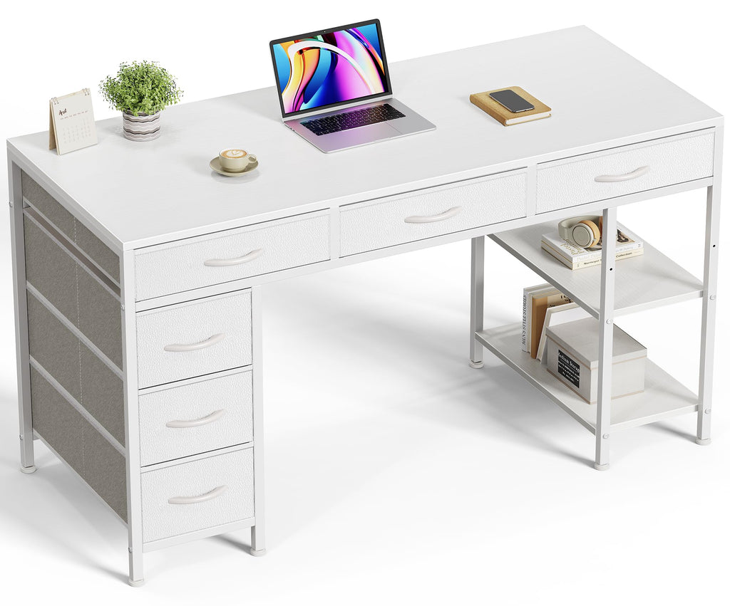 Huuger Computer Desk with 6 Drawers, Office Desk with Shelves, Reversible Gaming Desk, Corner Desk with Storage, Work for Home Office, Study, Living Room