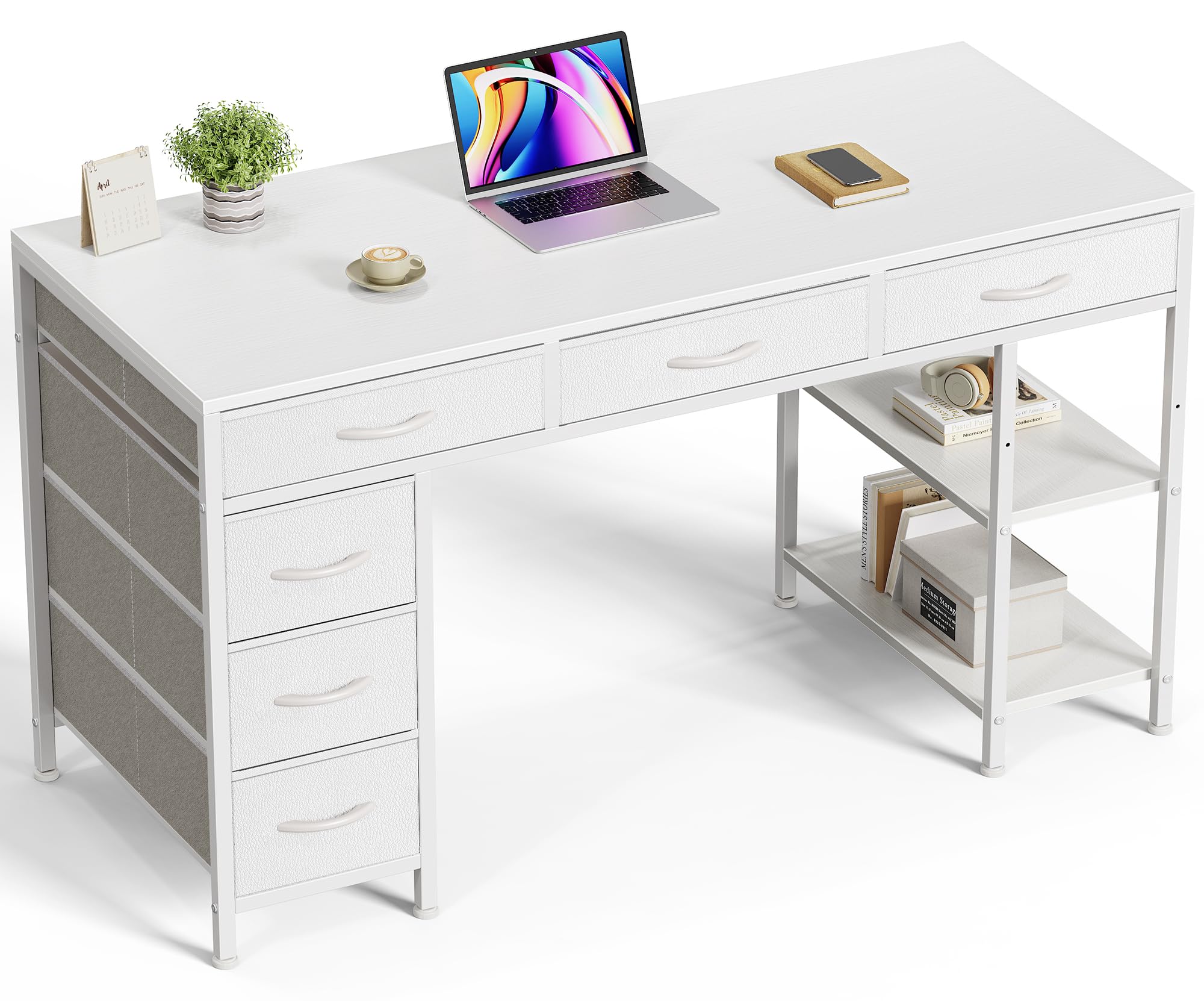Huuger Computer Desk with 6 Drawers, Office Desk with Shelves, Reversible Gaming Desk, Corner Desk with Storage, Work for Home Office, Study, Living Room