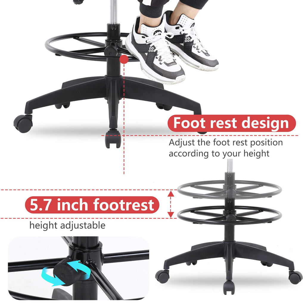 BestOffice Drafting Chair Tall Office Chair Adjustable Swivel Rolling Mesh Height with Lumbar Support Arms Footrest Mid Back for Adults Standing Desk Drafting Stool
