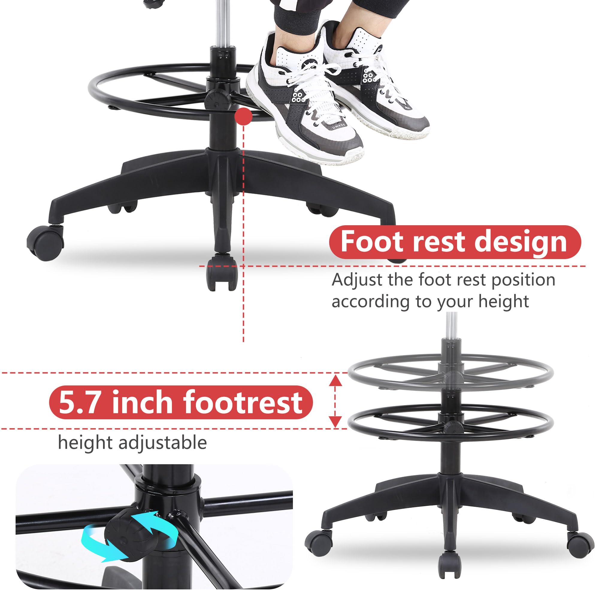 BestOffice Drafting Chair Tall Office Chair Adjustable Swivel Rolling Mesh Height with Lumbar Support Arms Footrest Mid Back for Adults Standing Desk Drafting Stool