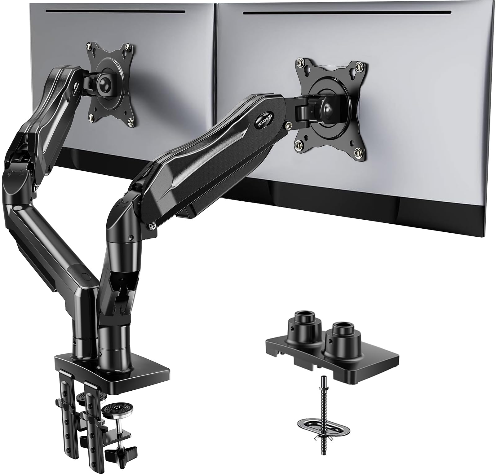 HUANUO Dual Monitor Stand - Full Adjustable Monitor Desk Mount Swivel Vesa Bracket with C Clamp, Grommet Mounting Base for 13 to 32 Inch Computer Screens - Each Arm Holds 4.4 to 19.8lbs