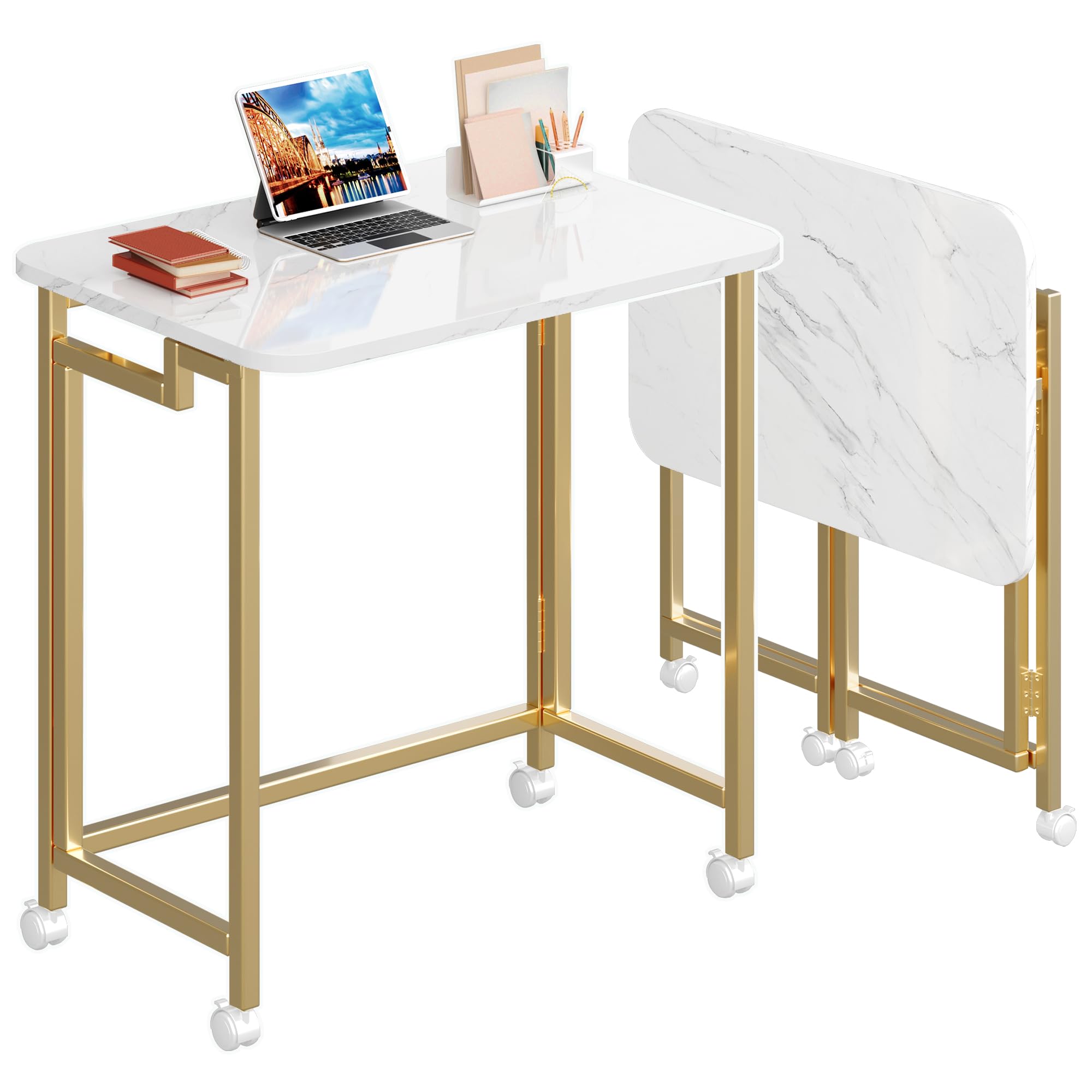 4NM Mobile Small Rolling Computer Desk, Folding Laptop Cart Table with Wheels, Portable Office Desk for Small Space Couch Bed