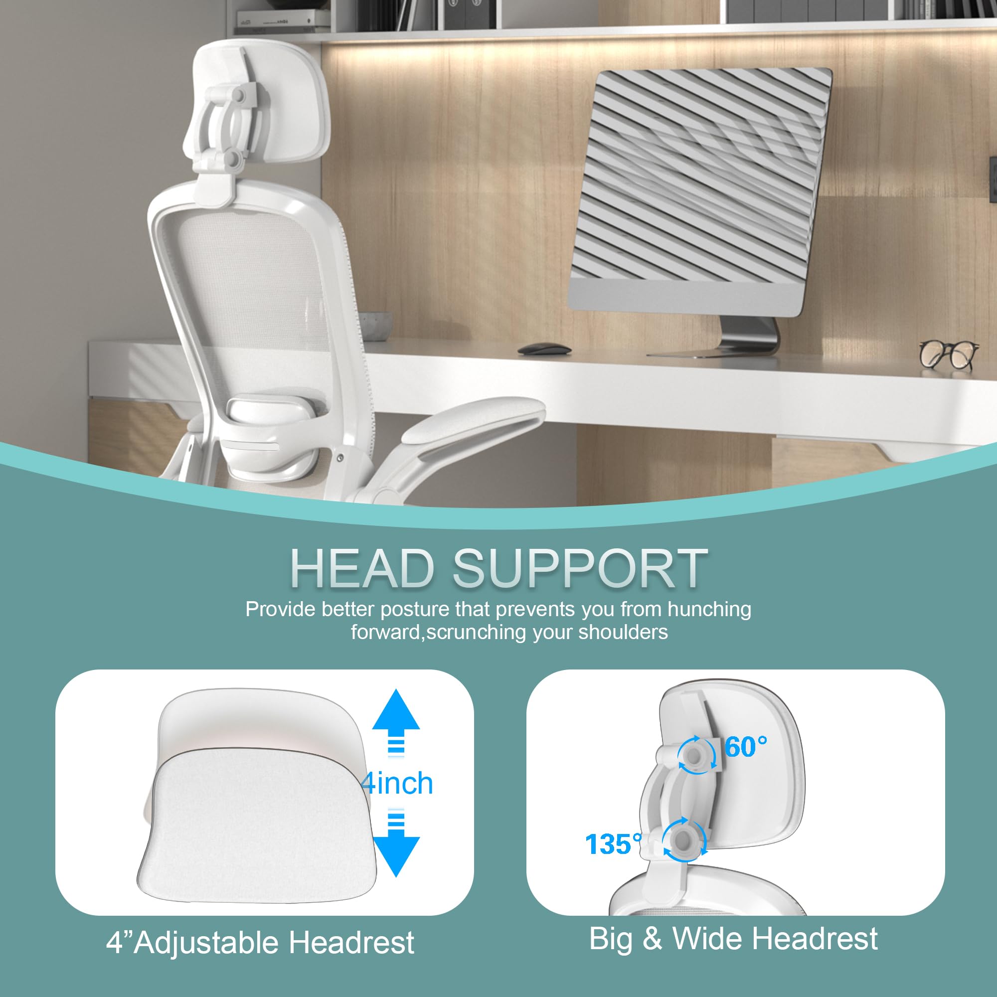 Mimoglad Office Chair, High Back Ergonomic Desk Chair with Adjustable Lumbar Support and Headrest, with flip-up Armrests for Guitar Playing, 5 Years Warranty