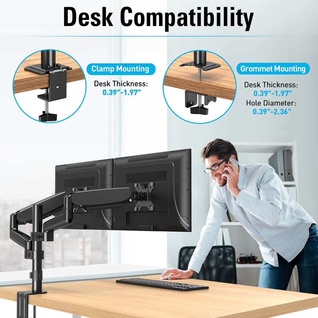 MOUNTUP Dual Monitor Desk Mount, Dual Monitor Stand for Desk Fits 17 to 32 Inch Screen, Gas Spring & Height Adjustable Computer Monitor Desk Mount for 2 Monitors, VESA Mount with Clamp/Grommet Base