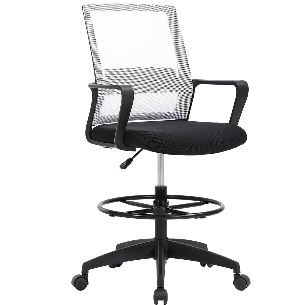 BestOffice Drafting Chair Tall Office Chair Adjustable Swivel Rolling Mesh Height with Lumbar Support Arms Footrest Mid Back for Adults Standing Desk Drafting Stool