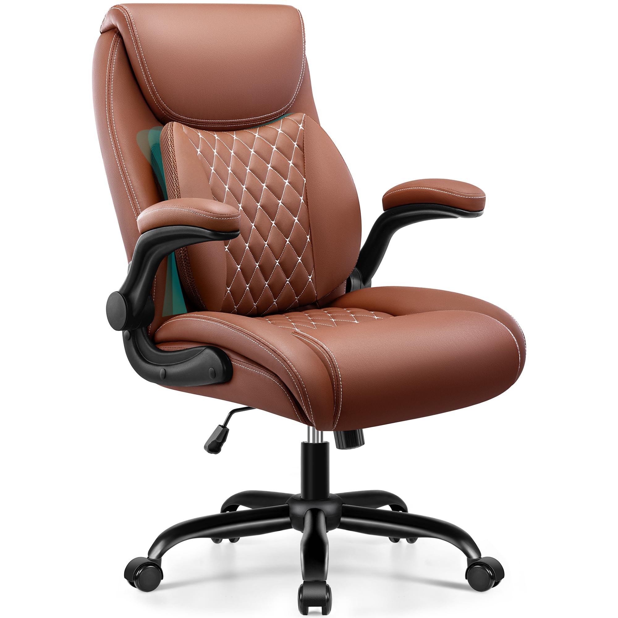 BESTFAIR Office Chair, Ergonomic Computer Desk Chairs with Lumbar Support for Lower Back Pain Relief, Executive Leather Home Chair Comfy with Padded Flip-up Armrests