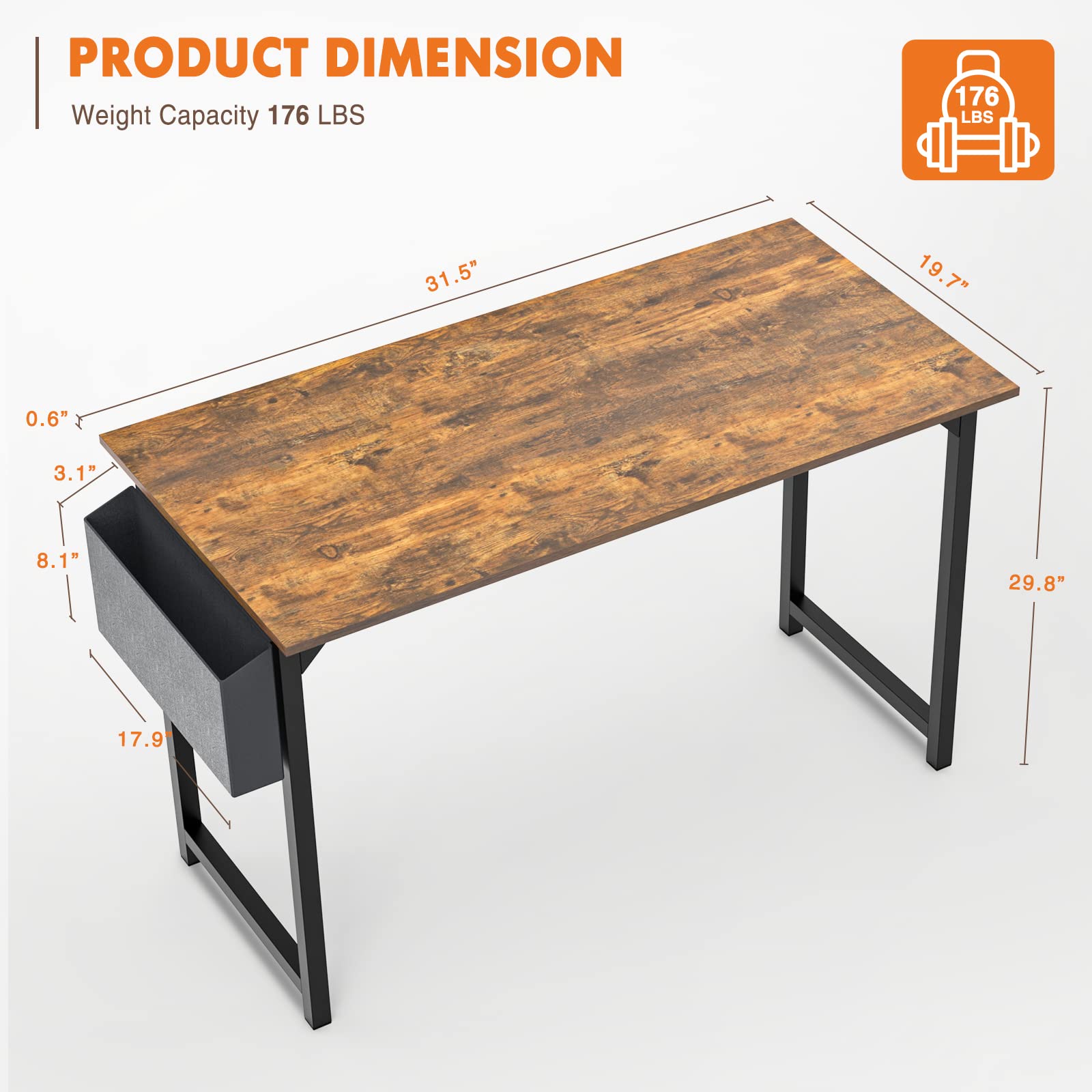 Sweetcrispy 63 Inch Writing Desks Large Desk Study Table Modern Simple Style Work Table with Storage Bag and Iron Hook Wooden Desk for Home