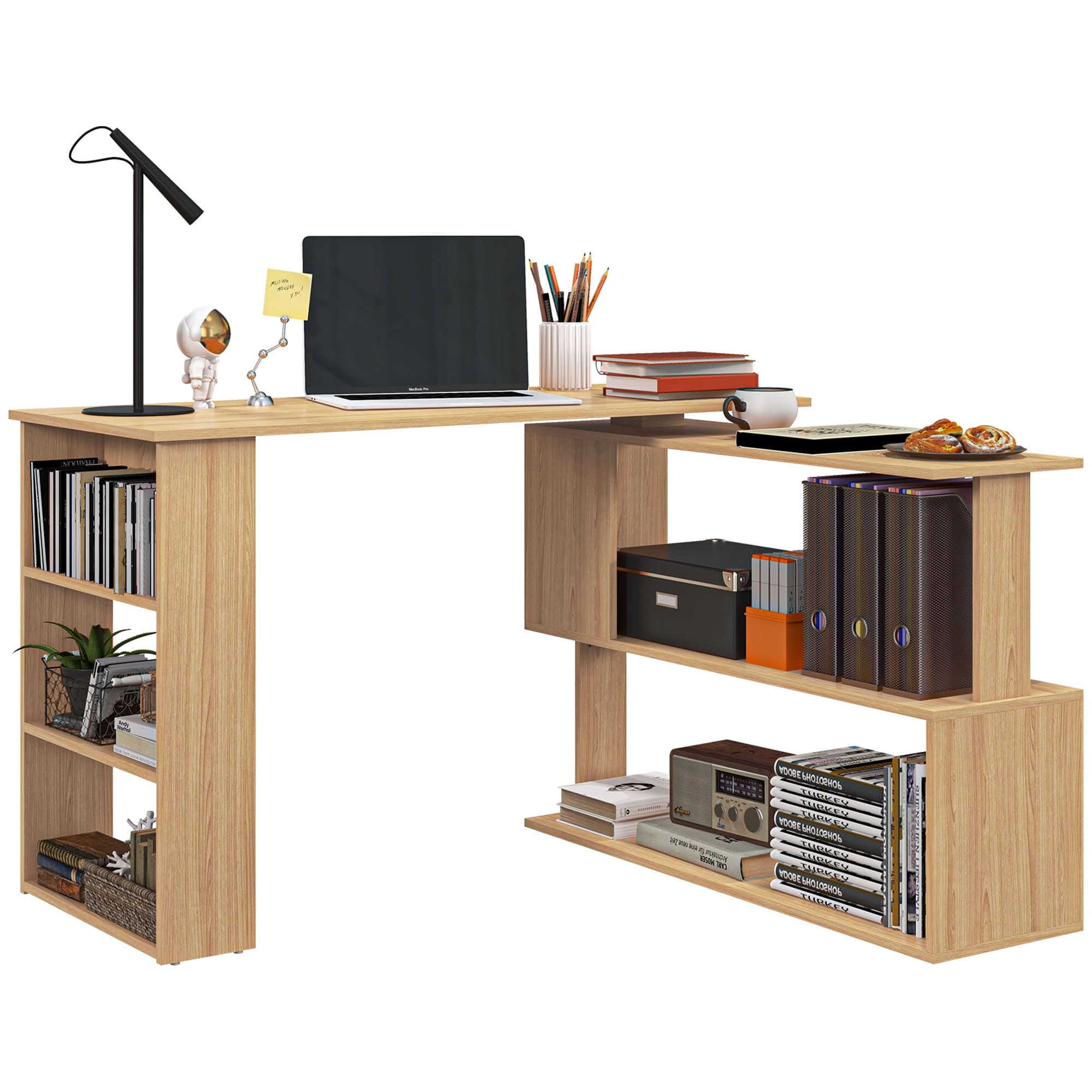 HOMCOM 47 Inch L Shaped Desk, Corner Computer Desk, 360 Degree Rotating Home Office Desk with Storage Shelves, Writing Table Workstation