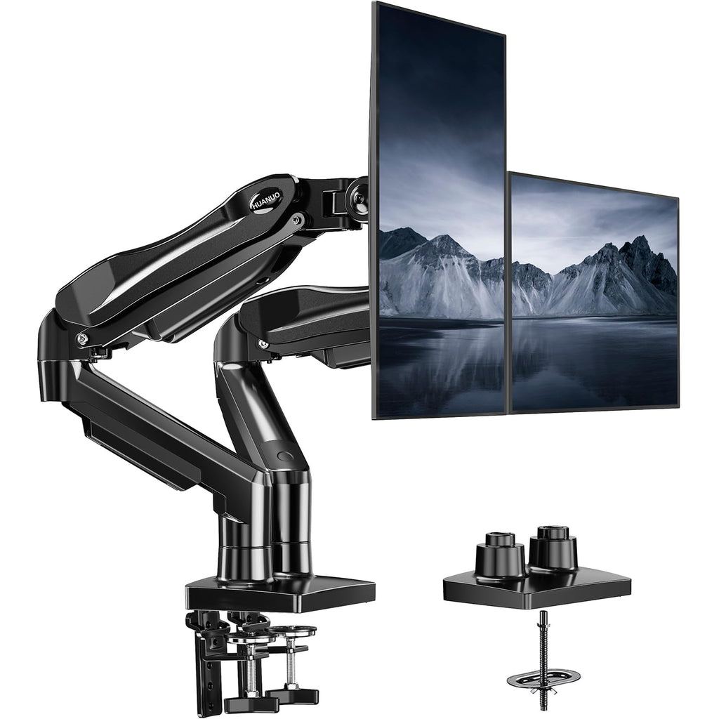 HUANUO Dual Monitor Stand - Full Adjustable Monitor Desk Mount Swivel Vesa Bracket with C Clamp, Grommet Mounting Base for 13 to 32 Inch Computer Screens - Each Arm Holds 4.4 to 19.8lbs