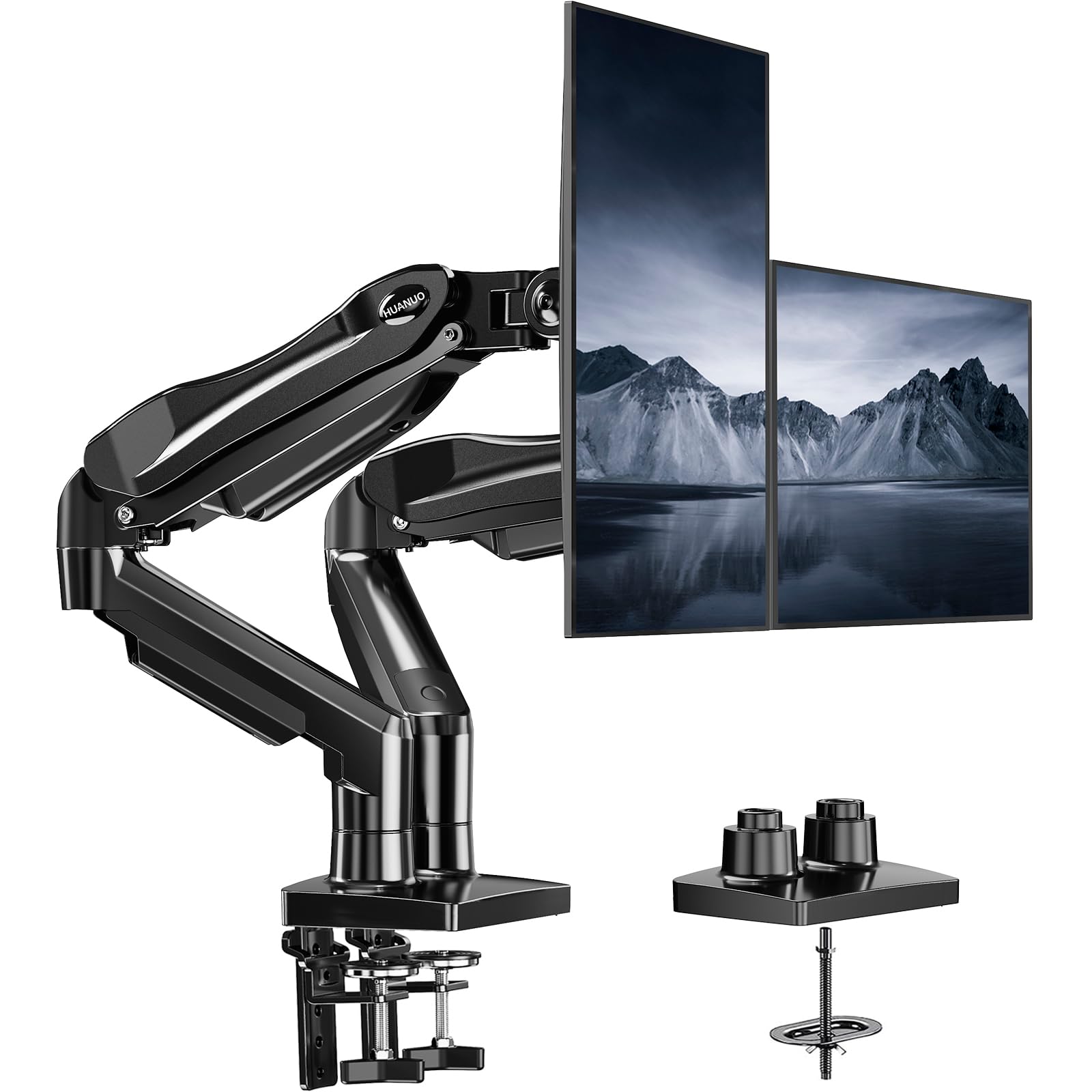 HUANUO Dual Monitor Stand - Full Adjustable Monitor Desk Mount Swivel Vesa Bracket with C Clamp, Grommet Mounting Base for 13 to 32 Inch Computer Screens - Each Arm Holds 4.4 to 19.8lbs
