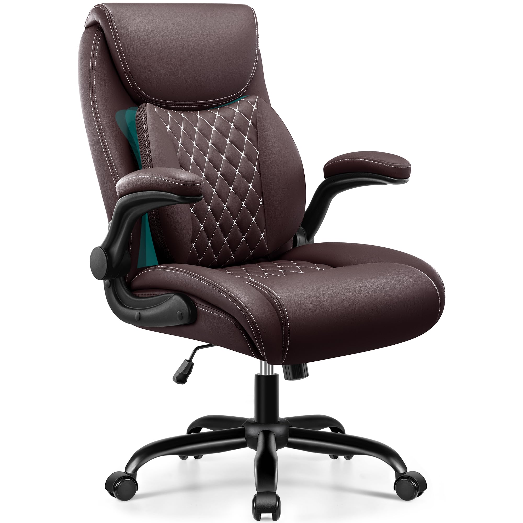 BESTFAIR Office Chair, Ergonomic Computer Desk Chairs with Lumbar Support for Lower Back Pain Relief, Executive Leather Home Chair Comfy with Padded Flip-up Armrests