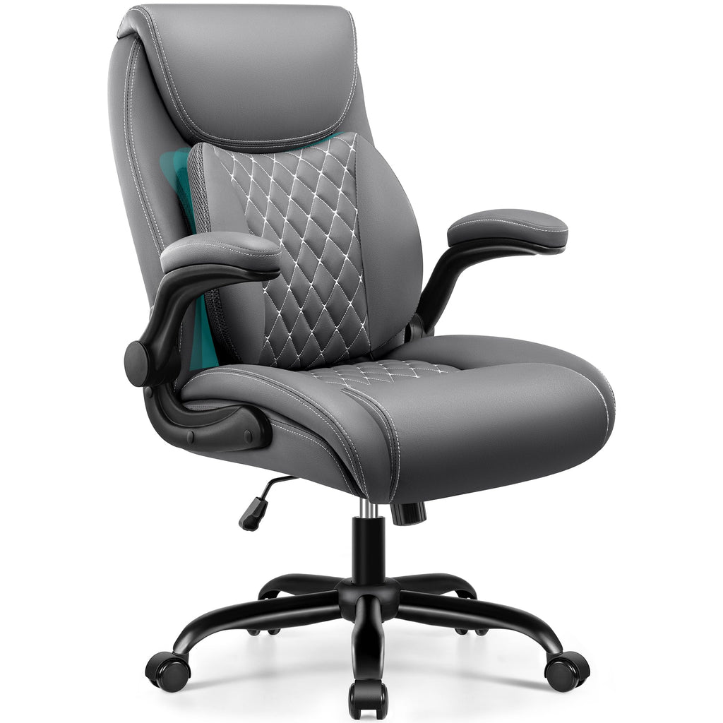 BESTFAIR Office Chair, Ergonomic Computer Desk Chairs with Lumbar Support for Lower Back Pain Relief, Executive Leather Home Chair Comfy with Padded Flip-up Armrests