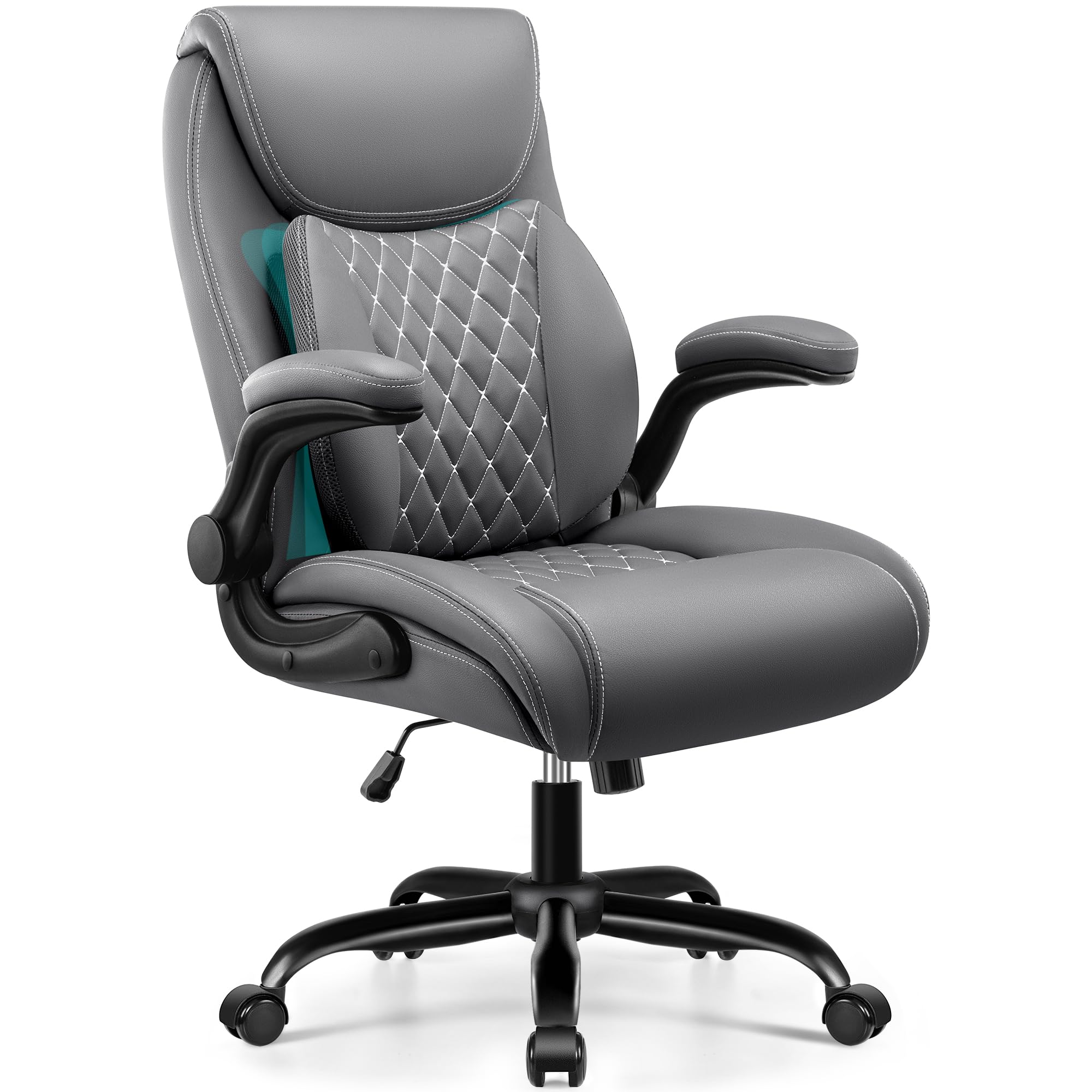 BESTFAIR Office Chair, Ergonomic Computer Desk Chairs with Lumbar Support for Lower Back Pain Relief, Executive Leather Home Chair Comfy with Padded Flip-up Armrests